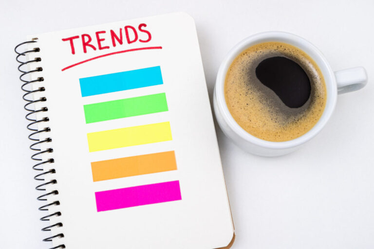 2020 trends business concept. notebook with trends list, coffee