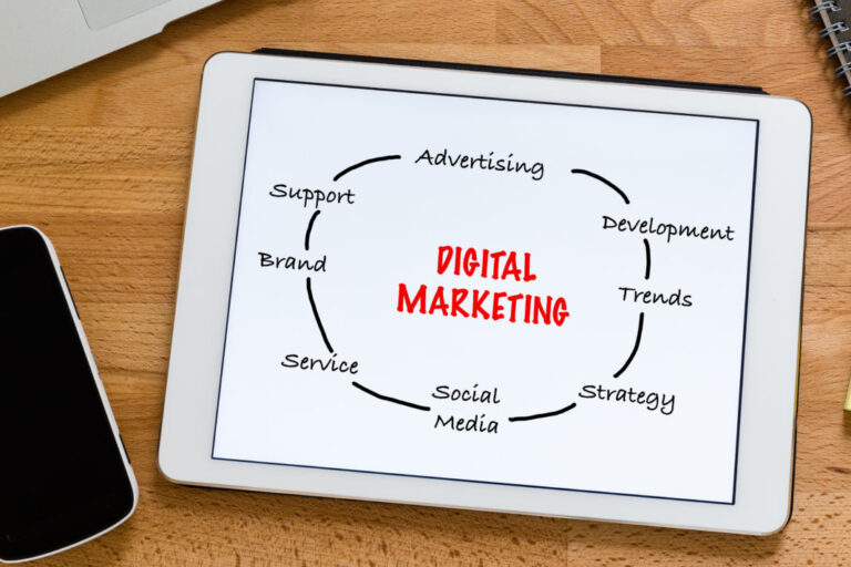 working desk with digital tablet showing digital marketing concept